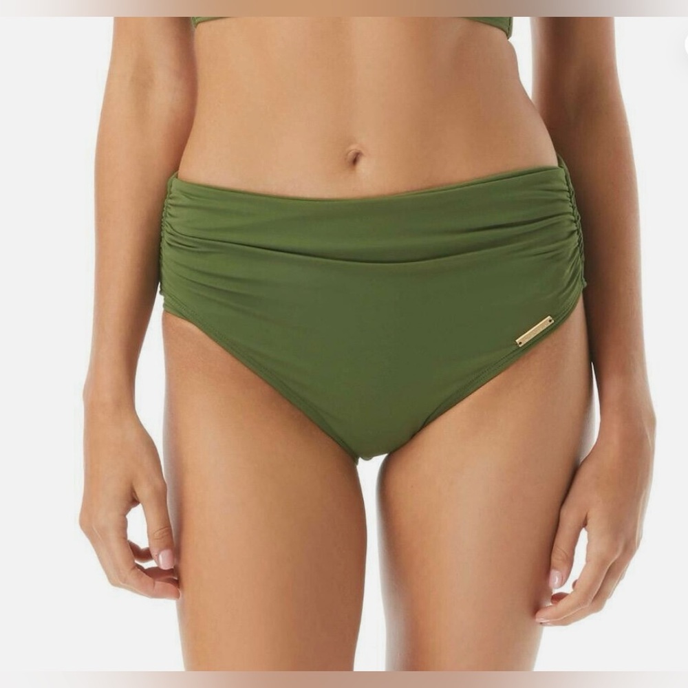 Vince Camuto Women Green Olive High Waisted Bikini Ruched Bottom Swim Size L NWT